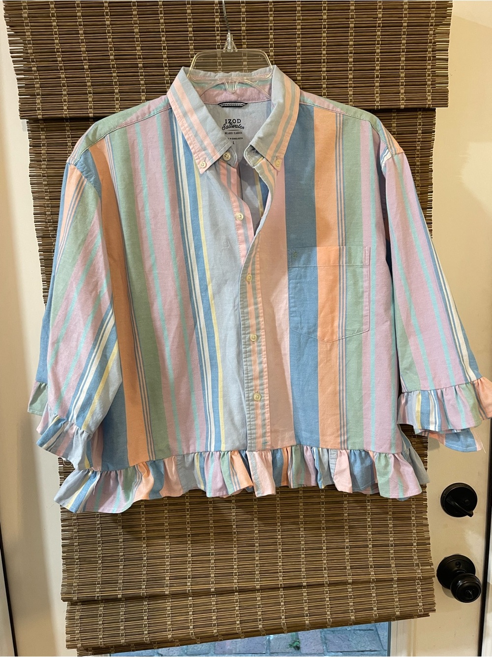 Upcycled Izod Saltwater Men’s Multi Pastel Stripe Button-Front Ruffle Shirt